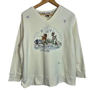 Vintage 1990s Disney Store Womens Embroidered Bambi & Friends V-Neck Sweatshirt